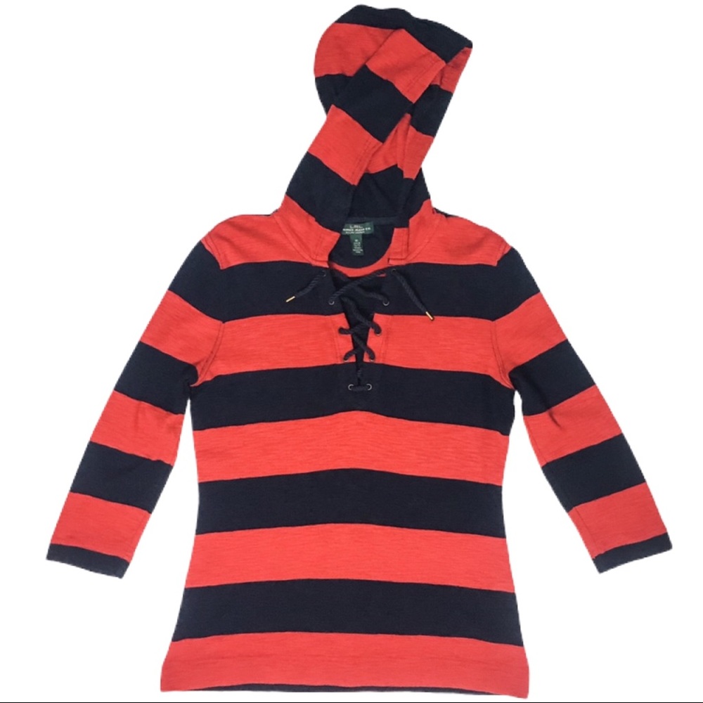 LRL Navy and Red Lace Tie Hooded Nautical Top